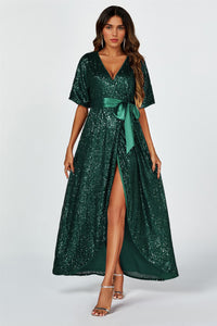 Wrap Style Sequin Maxi Dress In Green