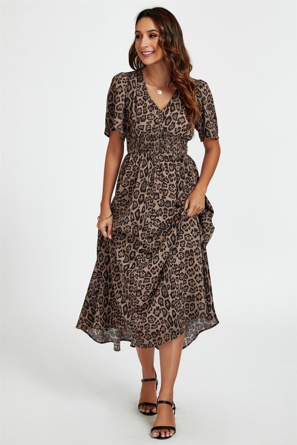 Leopard Print V Neck Midi Dress In Brown