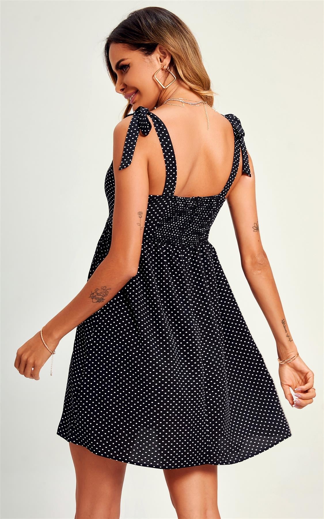 Polka Dot Print Hem Detail Strap Mini Dress In Black