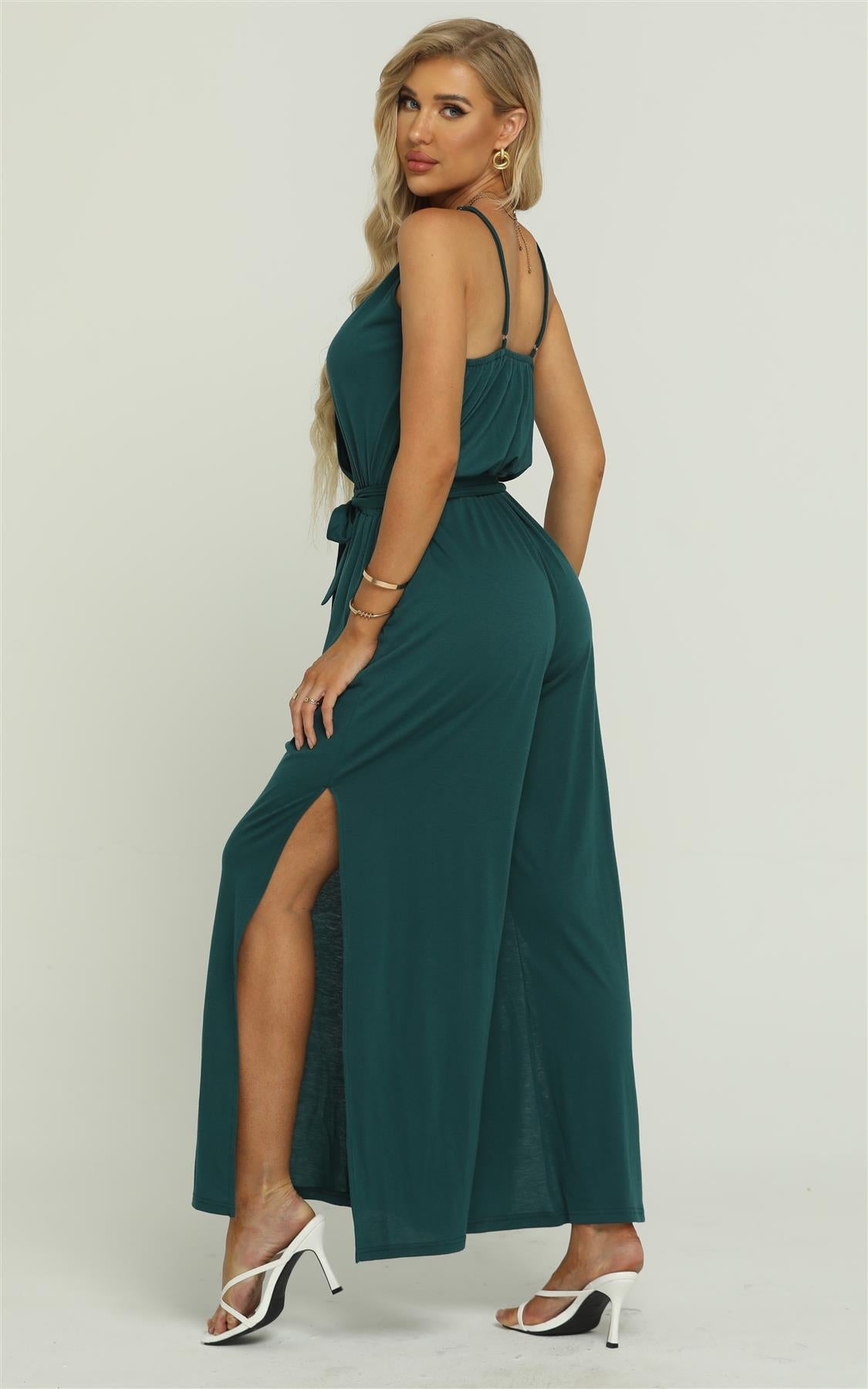 Simple Style Strappy Jumpsuit In Green