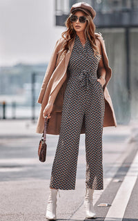 Belted Wrap Jumpsuit In Navy Mix Printed