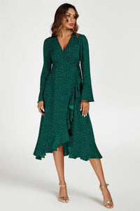 Dot Print Wave Front Frill Wrap Midi Dress In Green