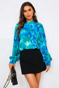 Abstract Floral Print Halter Neck Blouse Top In Blue