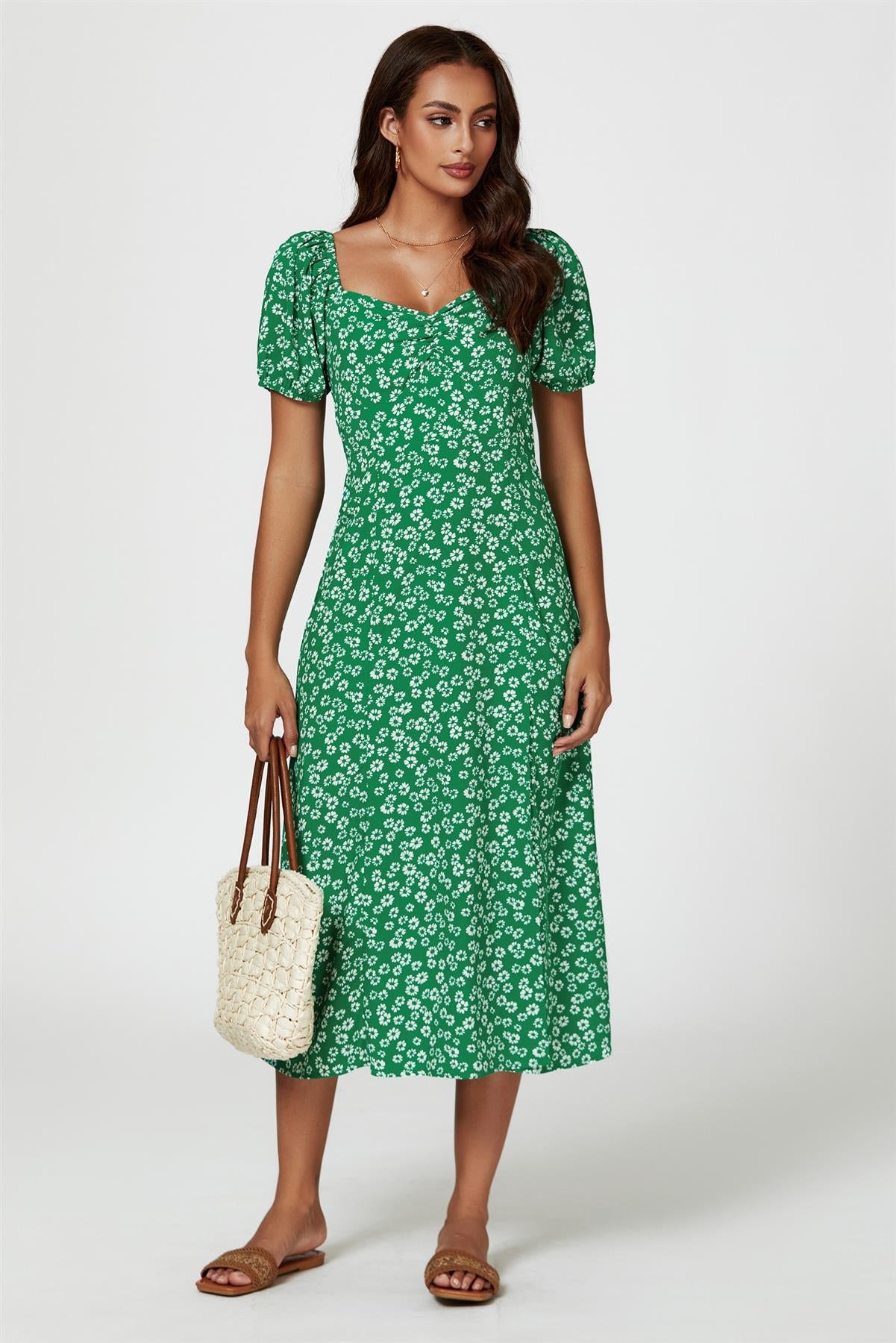 Puff Sleeve Heart Neckline Midi Dress In Green