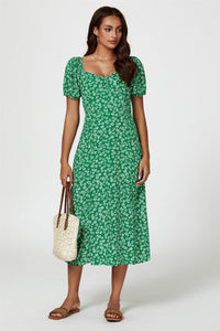 Puff Sleeve Heart Neckline Midi Dress In Green