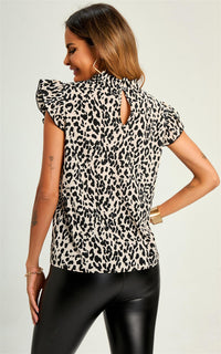 Leopard Print Frill Sleeve High Neck Top/Blouse In Beige