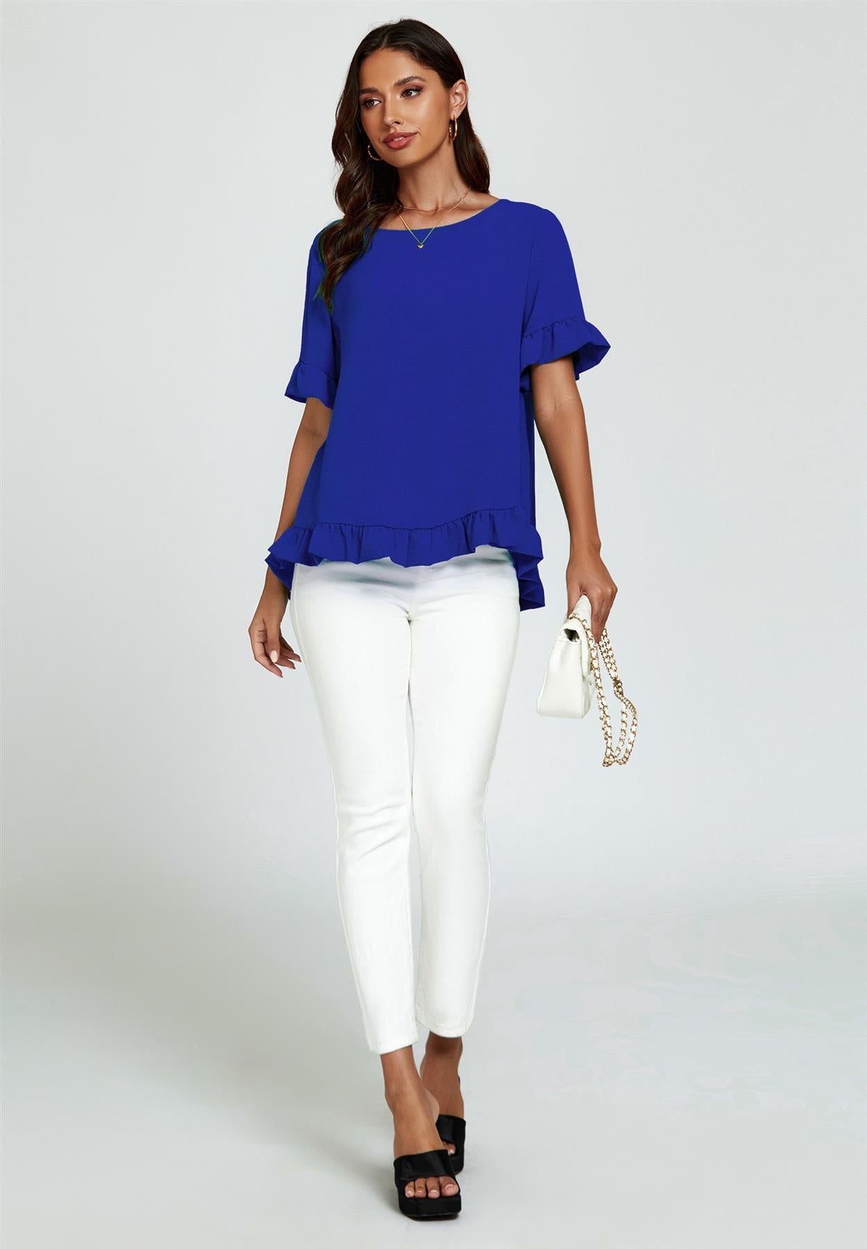 Frill Detail Short Sleeves Top In Royal Blue