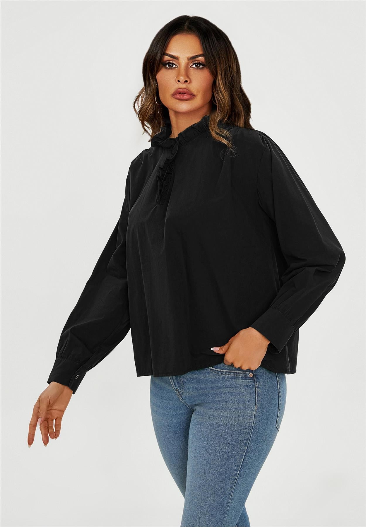 Cotton Frill High Neck Long Sleeve Blouse In Black