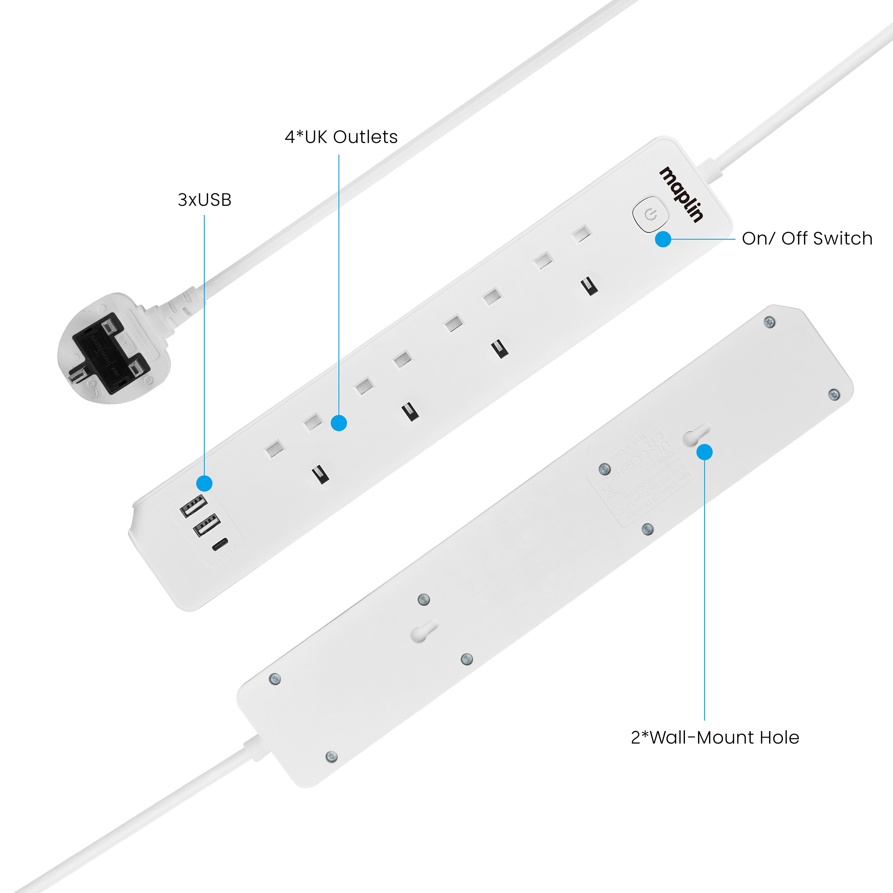 Maplin 1.8m 4 Socket 13 Amp Extension Lead with 2x USB-A / 1x USB-C Ports