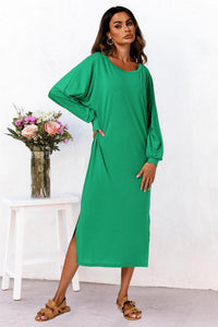 Oversized Midaxi Long Sleeve Slit Jersey Dress In Green