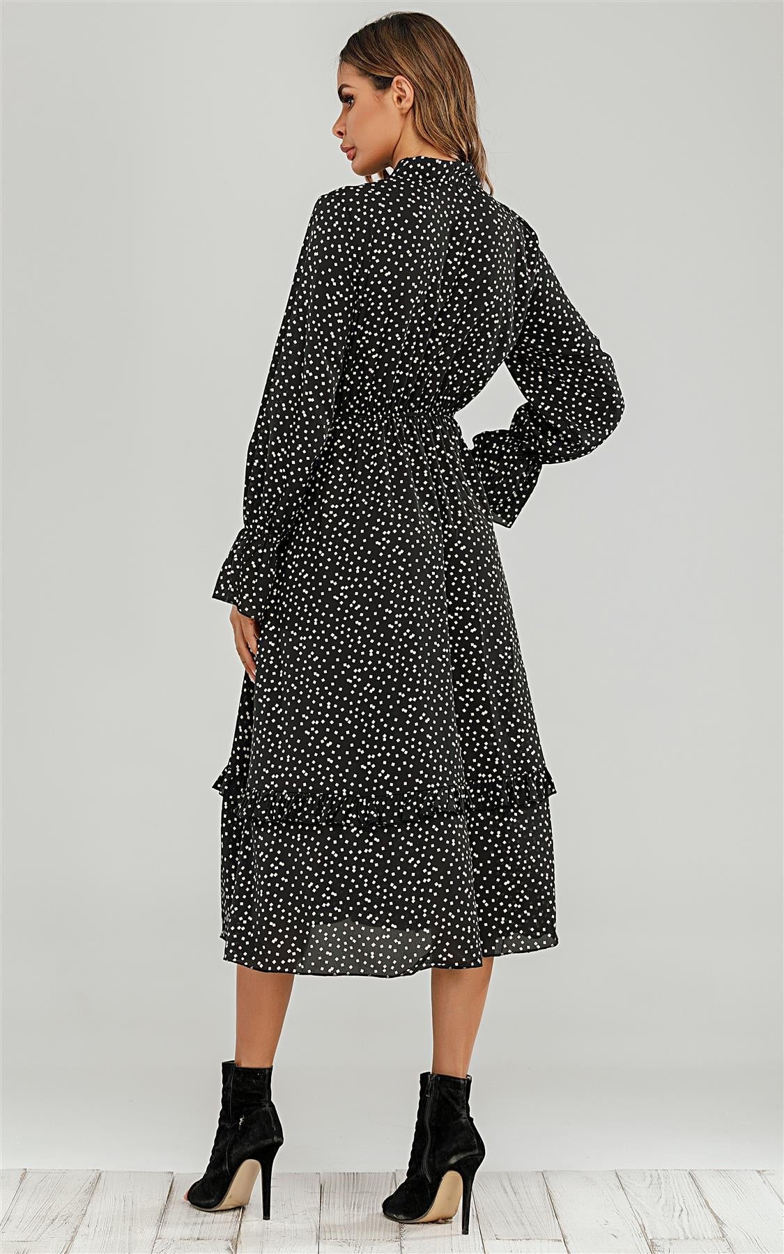 Long Sleeve Frill Detail Tiered Midi Dress In Black & White Dot