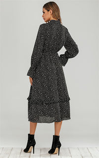 Long Sleeve Frill Detail Tiered Midi Dress In Black & White Dot