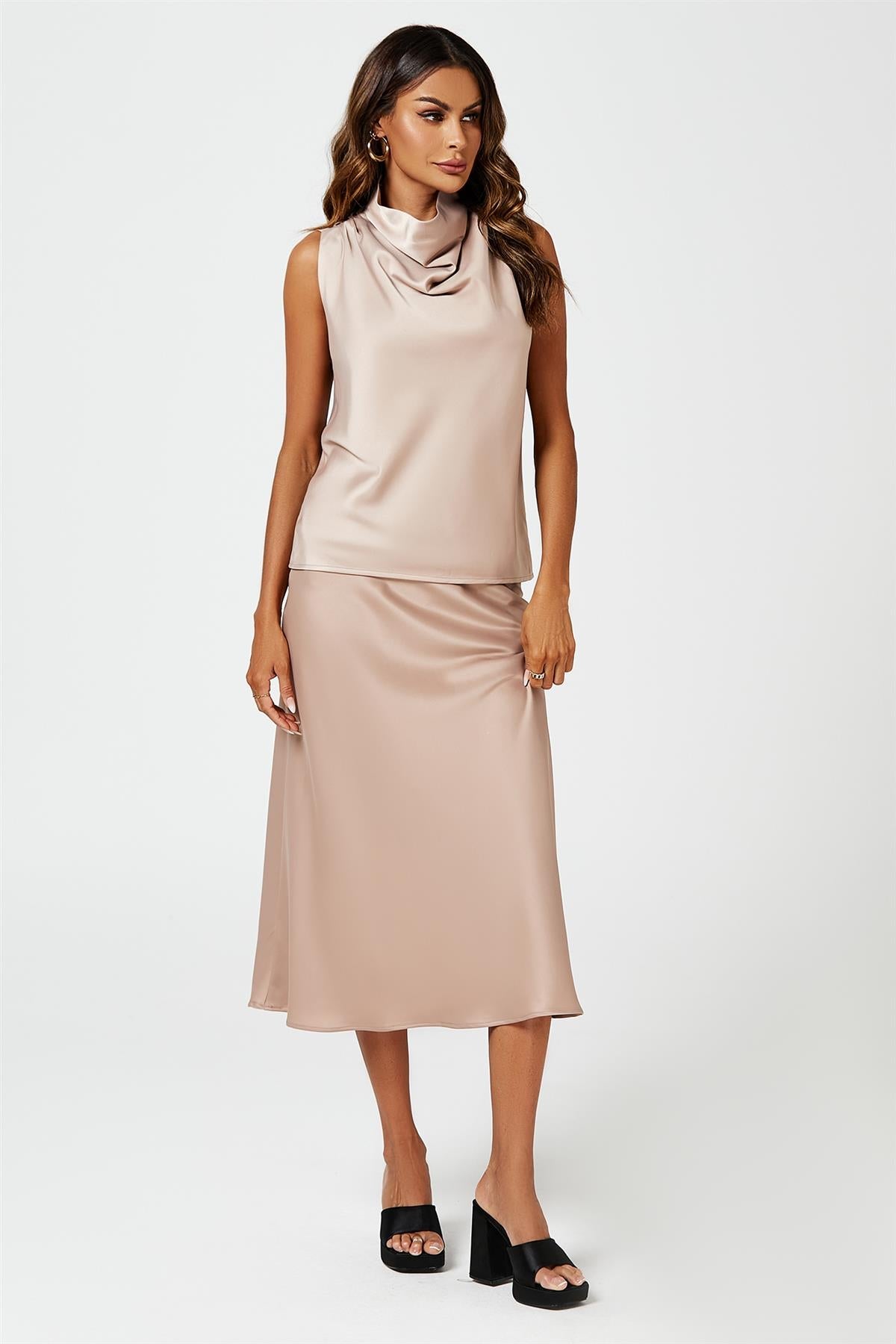 Satin Midi Skirt In Light Brown