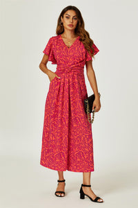 Printed Wide Leg Twist Jumpsuit In Fuchsia