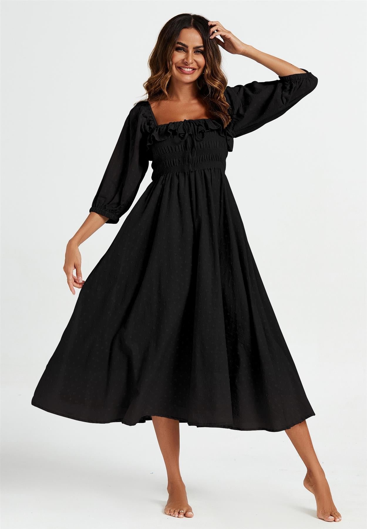 Frill Detail Square Neckline Midi Dress In Black