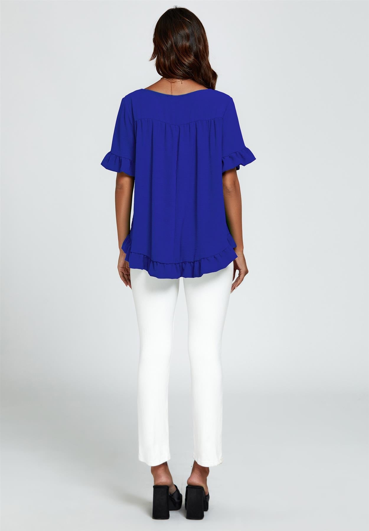 Frill Detail Short Sleeves Top In Royal Blue