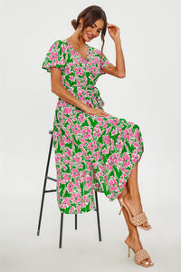 Pink Floral Print Hem Tiered Wrap Midi Dress In Green