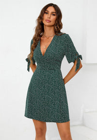 Dot Print Wrap Top Mini Dress In Green