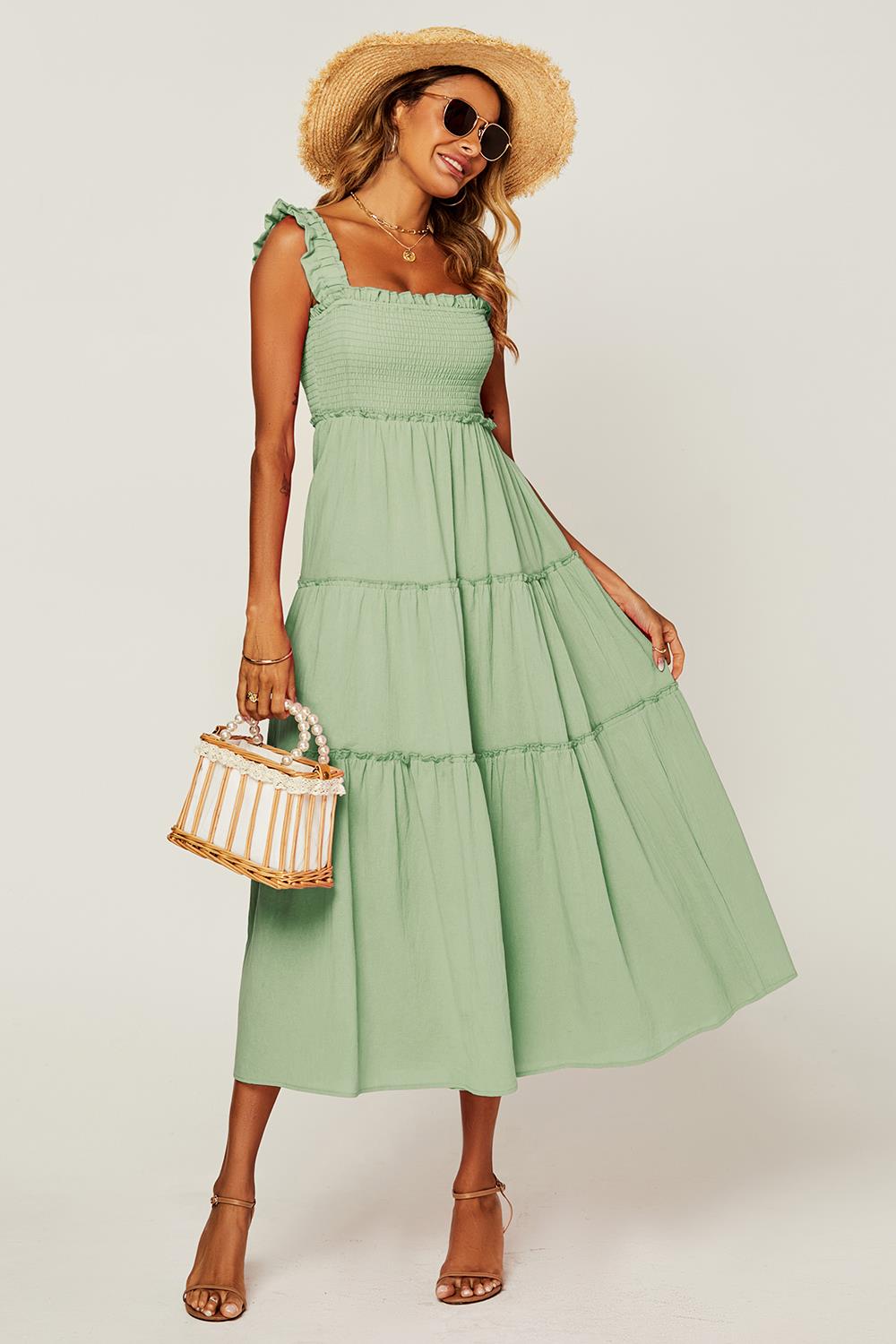 Hem Detail Tiered Maxi Dress In Light Green