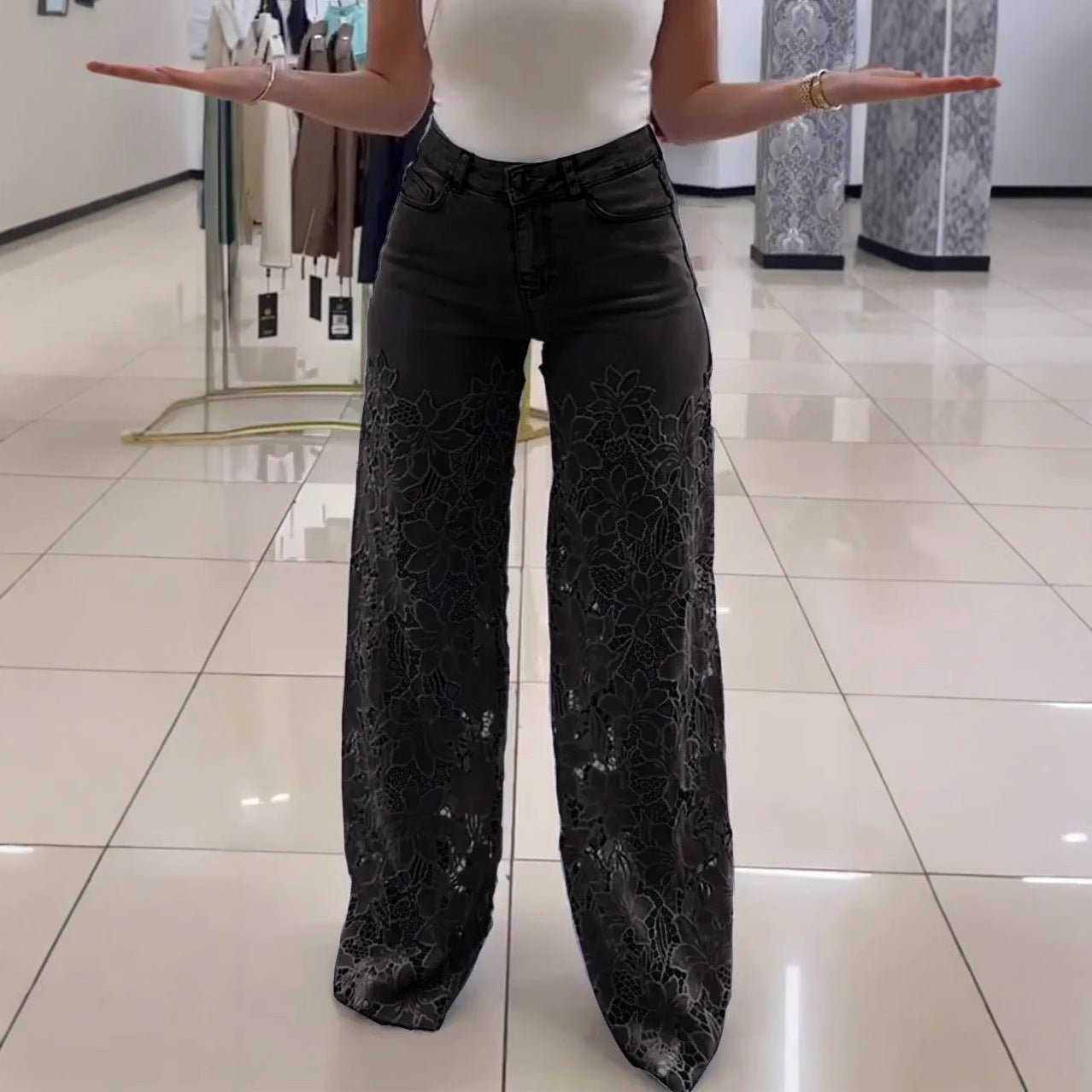 Women's Y2K High Waist Lace Hollow Out Wide Leg Jeans Floral Straight Leg Denim Trousers