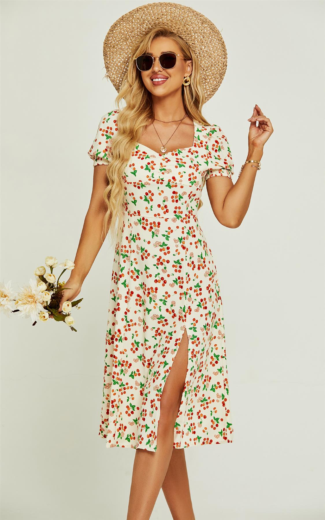 Red Cherry Print Tie Front Slip Leg Dress In Beige