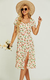 Red Cherry Print Tie Front Slip Leg Dress In Beige