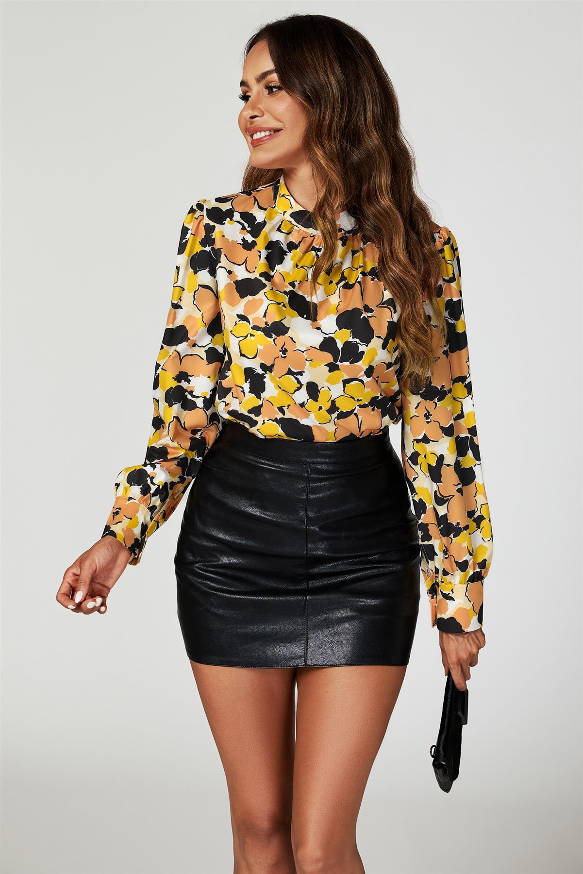 Floral Print Long Sleeve High Neck Top In Yellow