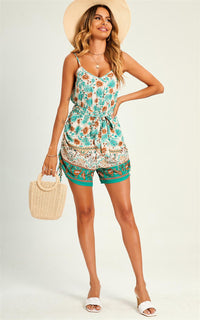 Playsuit With Drawstring Detail In Beige & Blue Leaf Flora Print