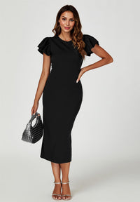 Volume Sleeve Bodycon Midi Dress In Black