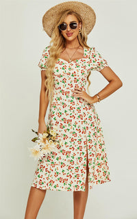 Red Cherry Print Tie Front Slip Leg Dress In Beige