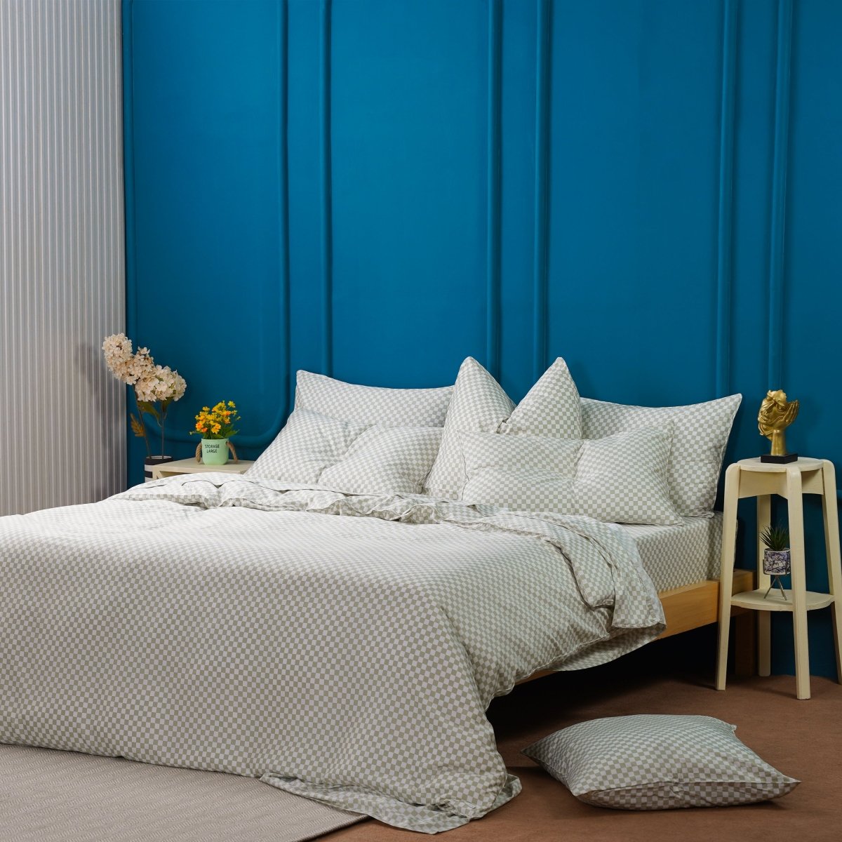 Ackly Bamboo Sage Green Checkerboard Luxury Bedding Set