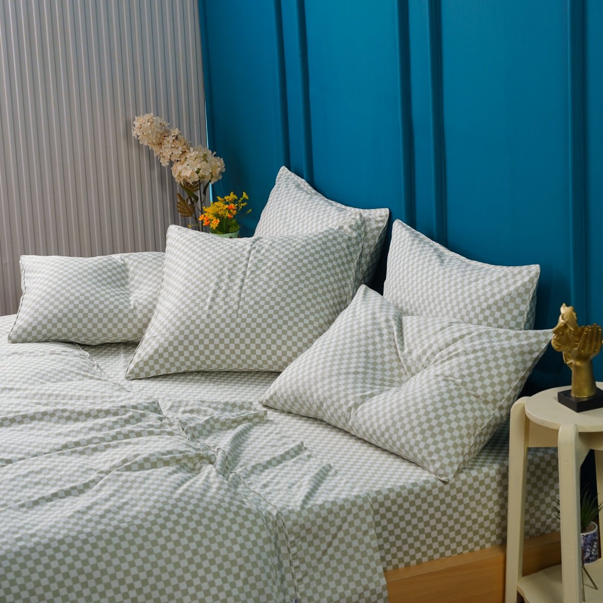 Ackly Bamboo Sage Green Checkerboard Luxury Bedding Set