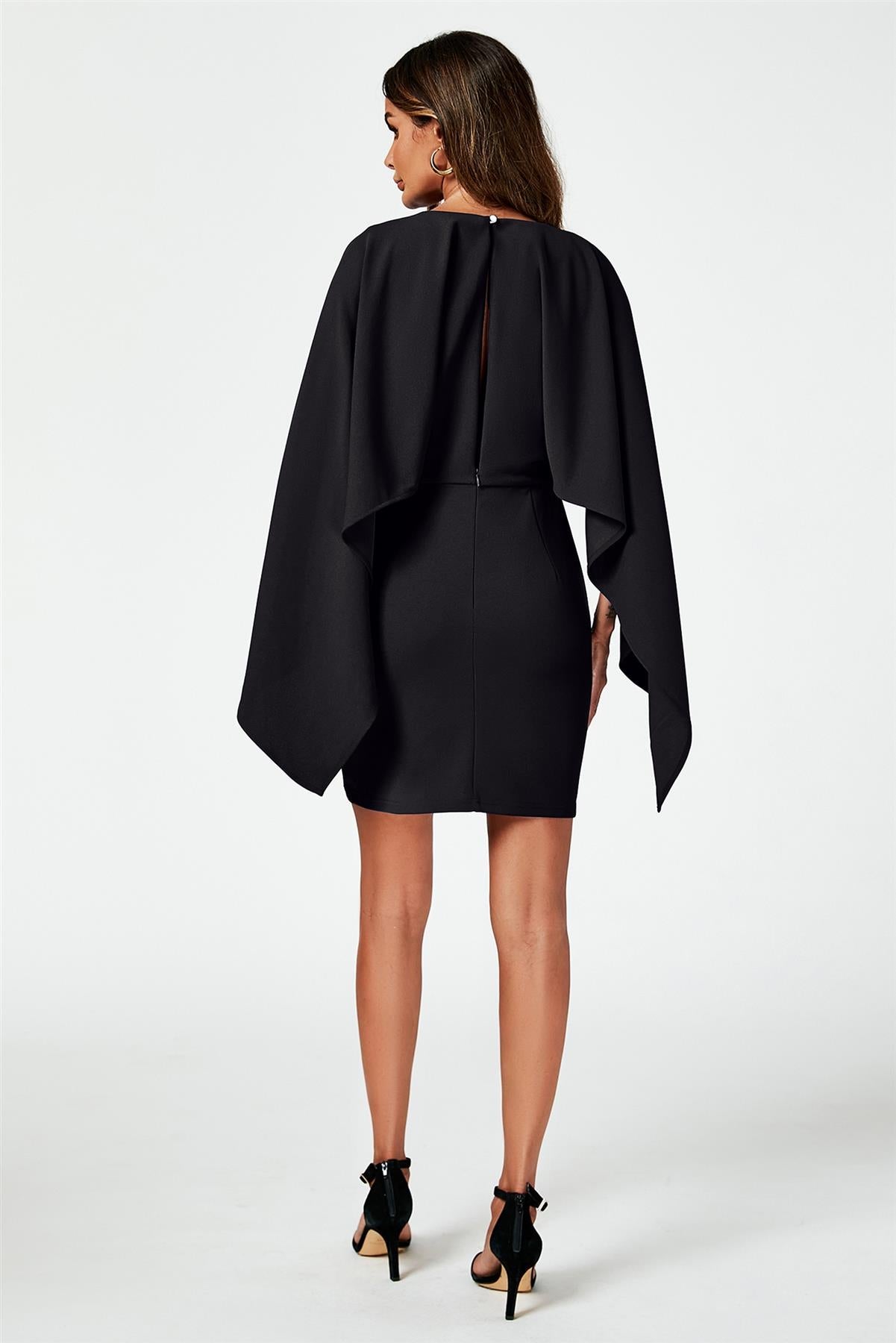 Back Detail Jersey Mini Dress With Cape In Black