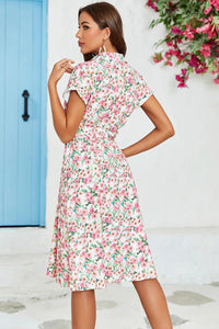 Floral Print Short Sleeve Shirt Midi Dress In Pink