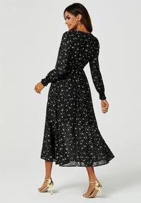 Gold Star Foil Long Sleeve Maxi Dress In Black