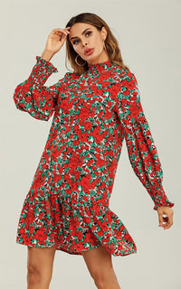 Frill Detail High Neck Shift Dress In Red & Green Floral