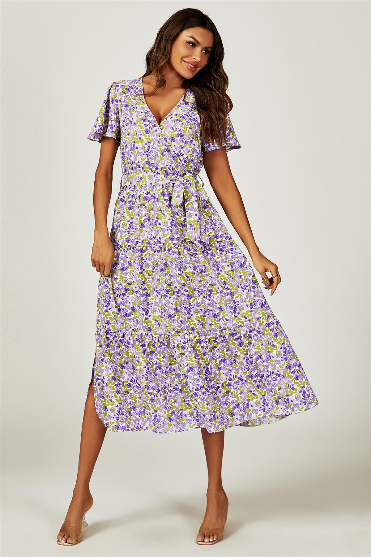 Floral Print Hem Tiered Wrap Midi Dress In Purple