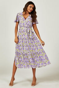 Floral Print Hem Tiered Wrap Midi Dress In Purple