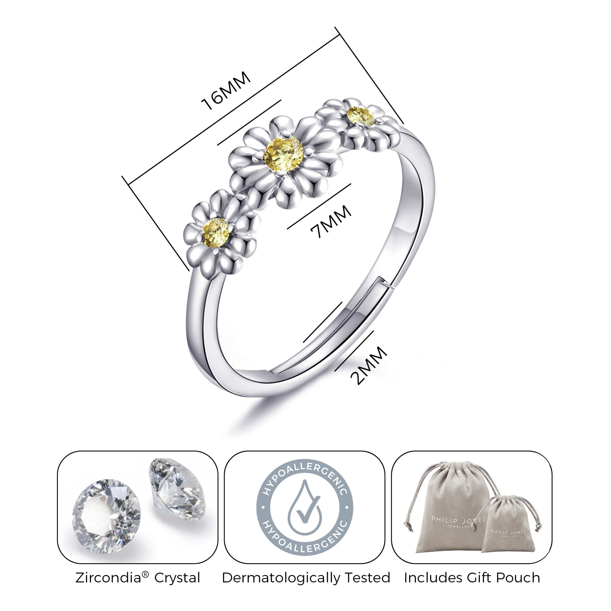 Adjustable Triple Crystal Daisy Ring Created with Zircondia® Crystals
