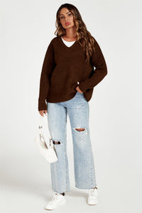 V Neck Jumper Top In Brown