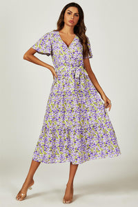Floral Print Hem Tiered Wrap Midi Dress In Purple