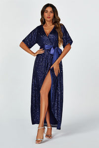 Wrap Style Sequin Maxi Dress In Navy