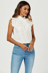 Gold Foil Frill Trim Sleeve High Neck Blouse Top In Cream