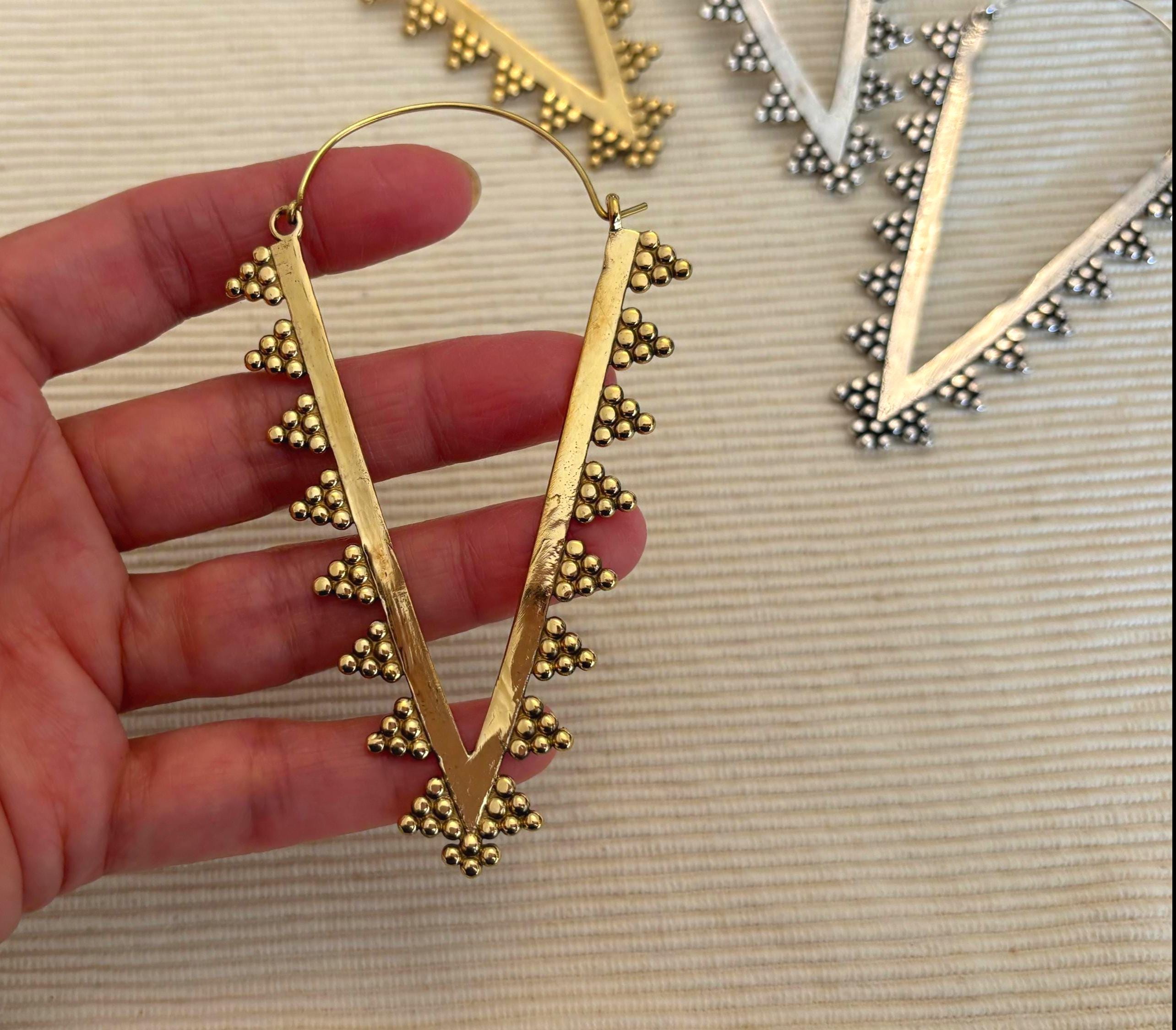 Zahara Spike Hoops - Edgy Brass Triangle Hoops with Boho Desert Vibes.