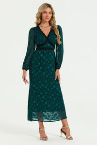 Long Sleeve Dot Jacquard Lace Trim Maxi Dress In Green