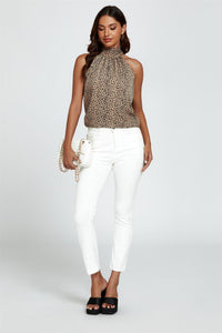 Leopard Print Halter Neck Tie Back Top In Beige