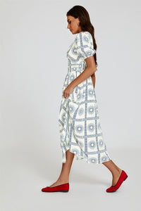 Geo Print Midi V neckline Dress In White