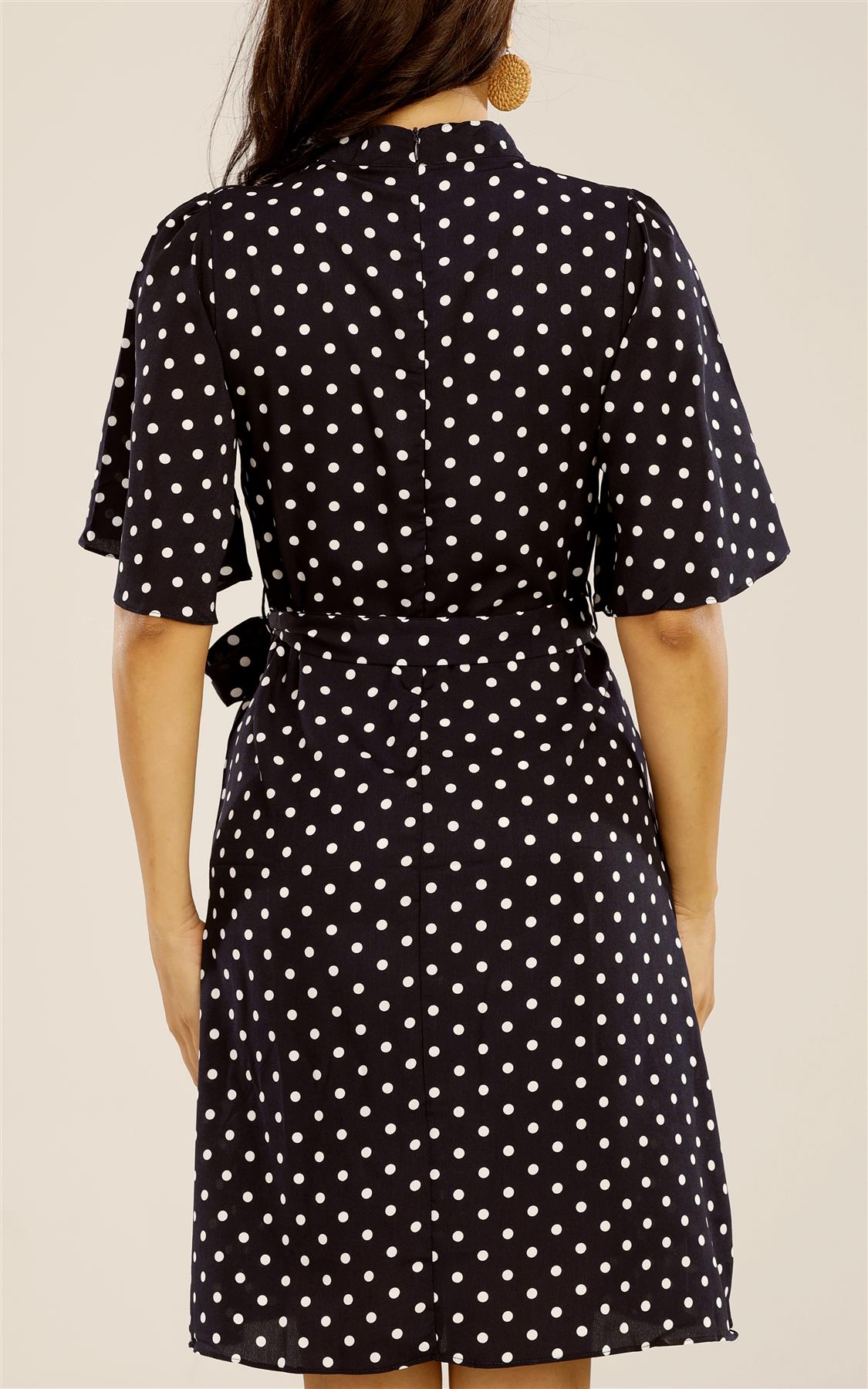 High Neck Mini Dress With Frill Hem And Black & White Polka Dot