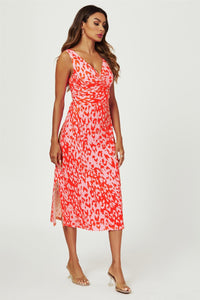 Leopard Print V Neck Knot Front Midi Dress In Pink