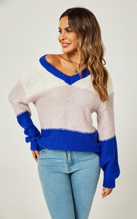 Stripe Block Colour Relaxed Knit Jumper Top In Blue & White